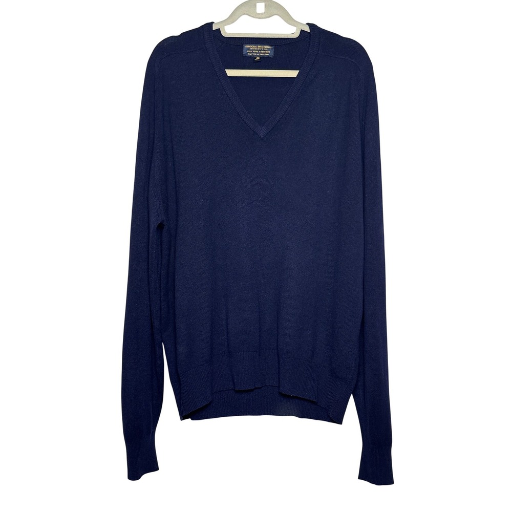 Brooks Brothers Mens Navy Blue 100% Pure Cashmere V-Neck Sweater England Size XL